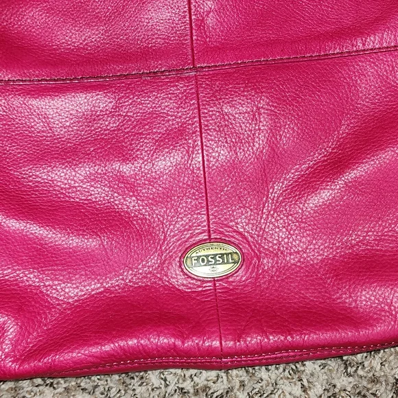 FOSSIL Explorer Leather Tote Hot Pink Magenta Foldover Brass Messenger Bag - Picture 13 of 14